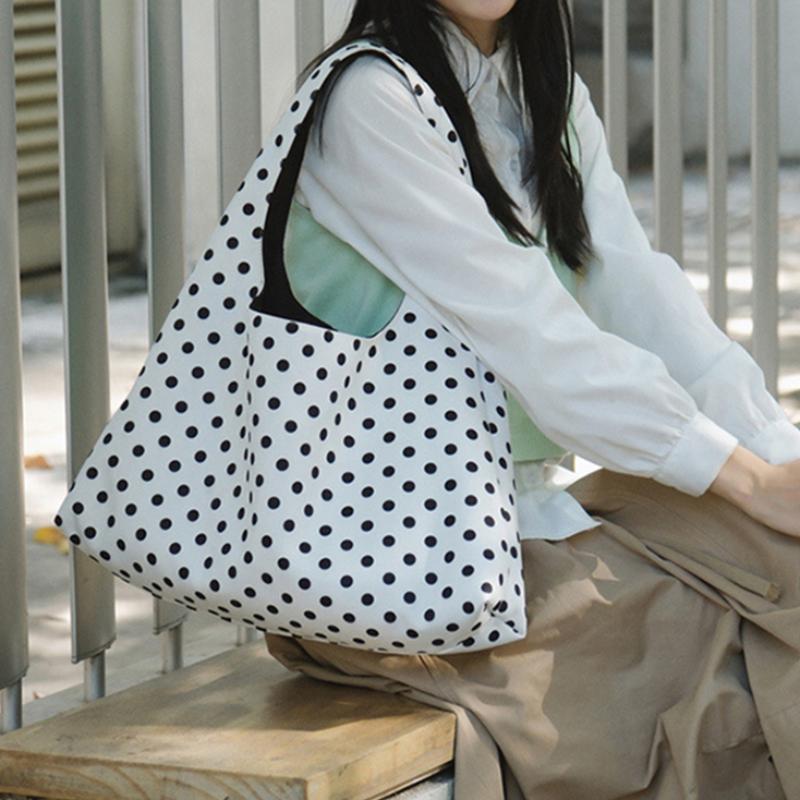 Korean Polka Dot Canvas Tote Bag Women Versatile Casual Shoulder Crossbody Bag Simple Fashion Handbag For Daily Commute Outings