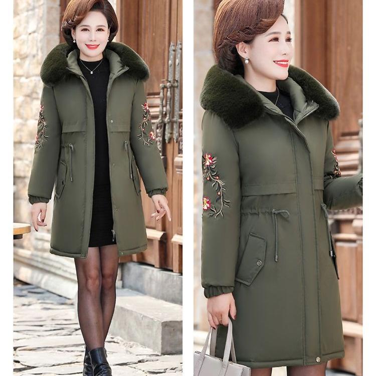 Women's Winter Fleece Padded Jacket Thick Warm Mid-Length Embroidered Hooded Padded Coat
