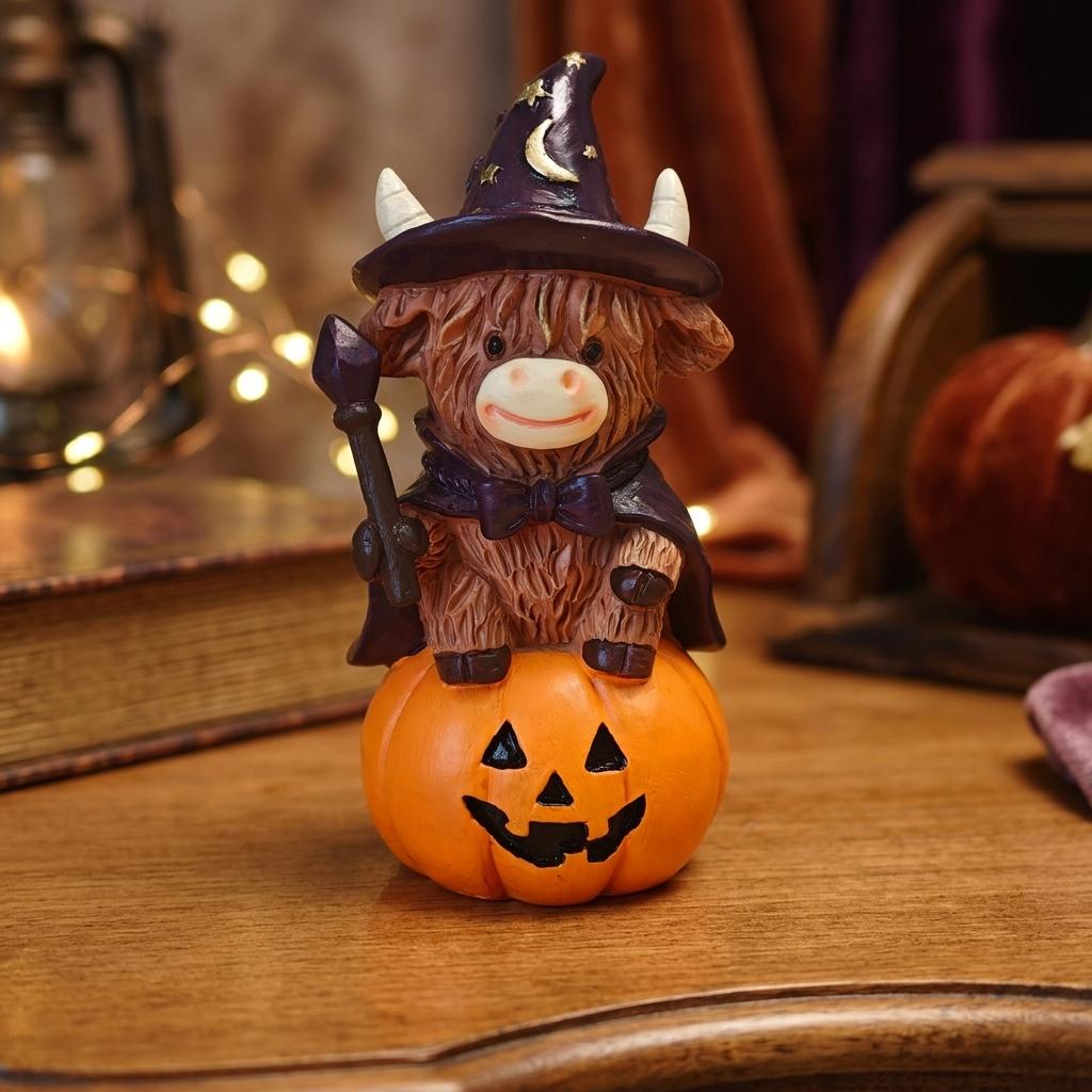 Halloween Resin Witch Broom Decoration with Pumpkin Theme for Party and Home Display