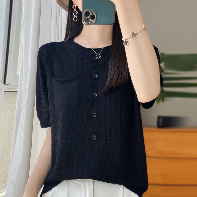 Women Knit T-shirt Summer Knitted Shirt Short Sleeve Tees O-neck Pullover Knit Tops Female