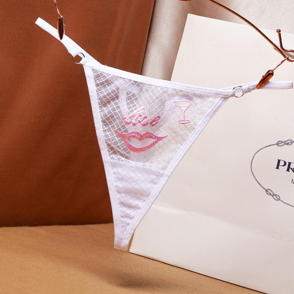 Sexy Plaid Perspective Thong Women's Hot Hollowed-out Embroidered Love Diamond Jewelry Beautiful Buttocks Low Waist Thin Belt Seduction Panties