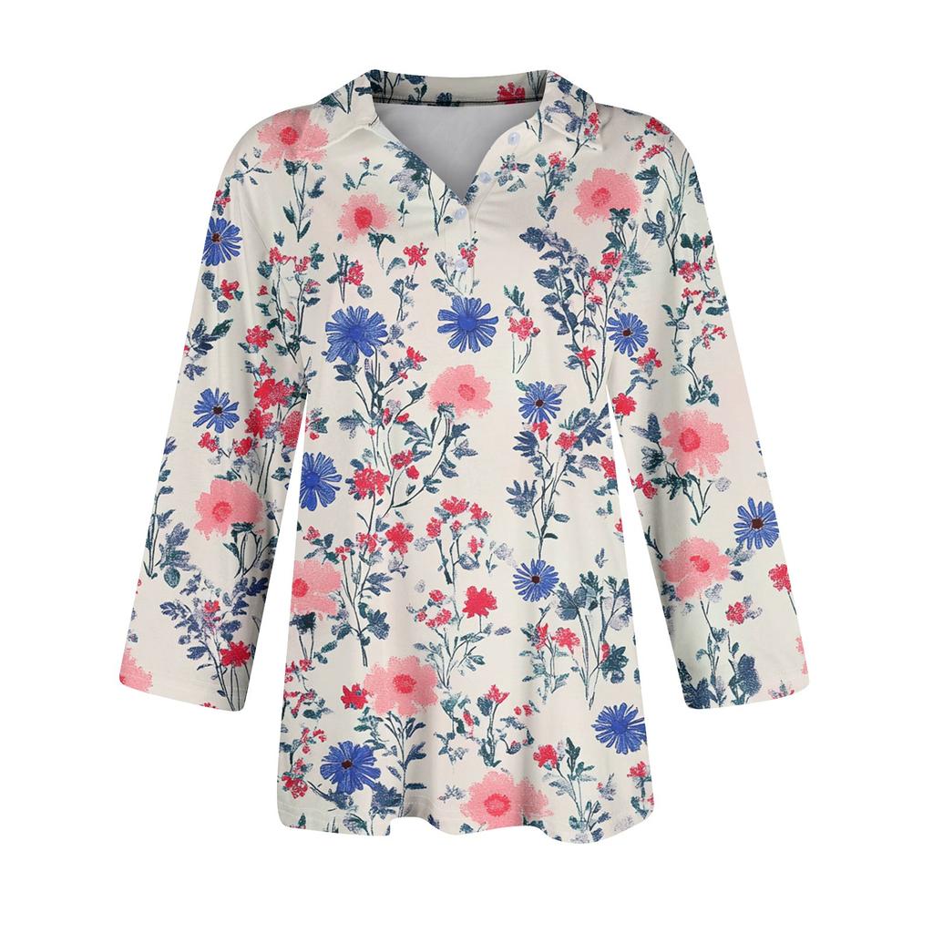 Women's Fashion Casual Lapel 3/4 Sleeve Print Shirt Women's Button Up Tops