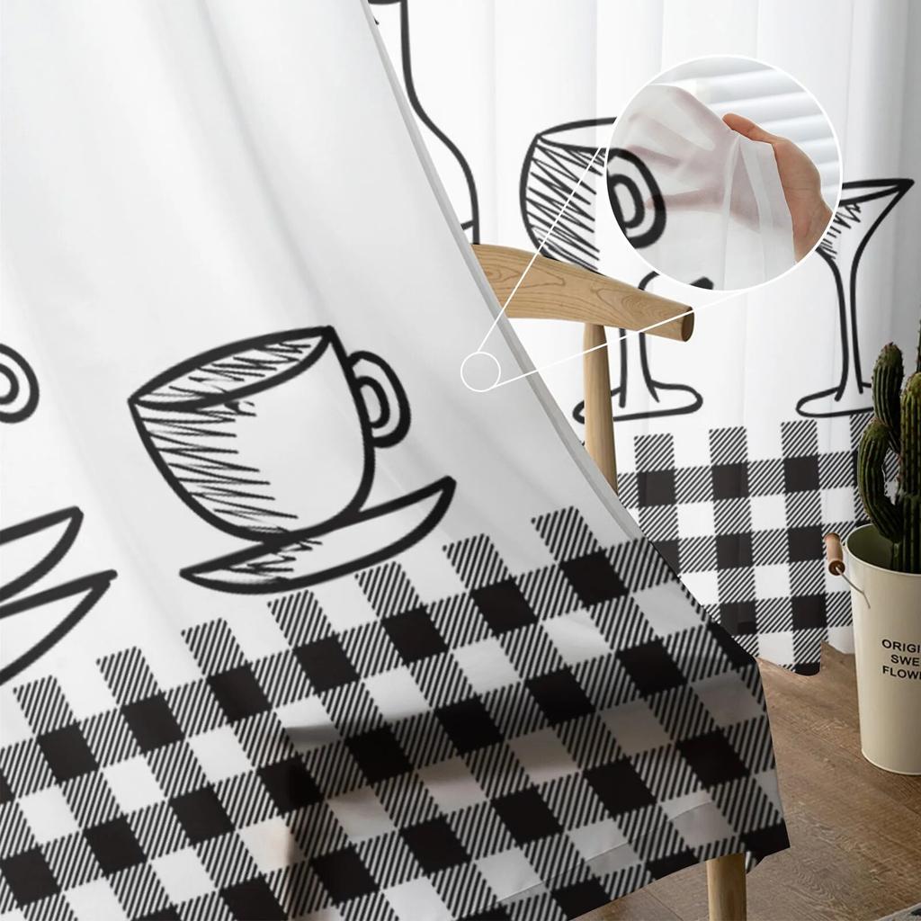 Kitchen Utensils Plaid Tulle Curtains For Living Room Chiffon Voile Sheer Window Curtain For Bedroom