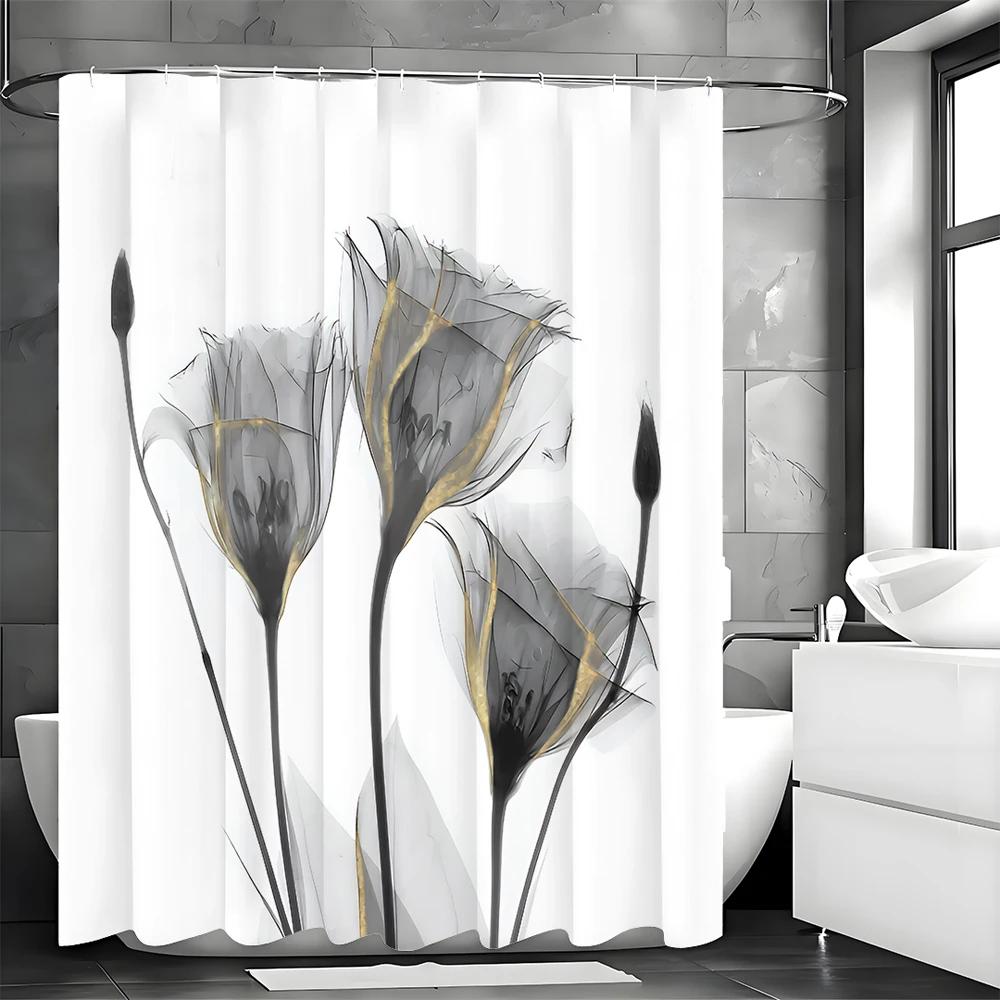 

серая цветочная декоративная шторка для душа, декоративная шторка для ванной с 12 крючками, водонепроницаемая шторка для душа 180x180см W90xH180cm