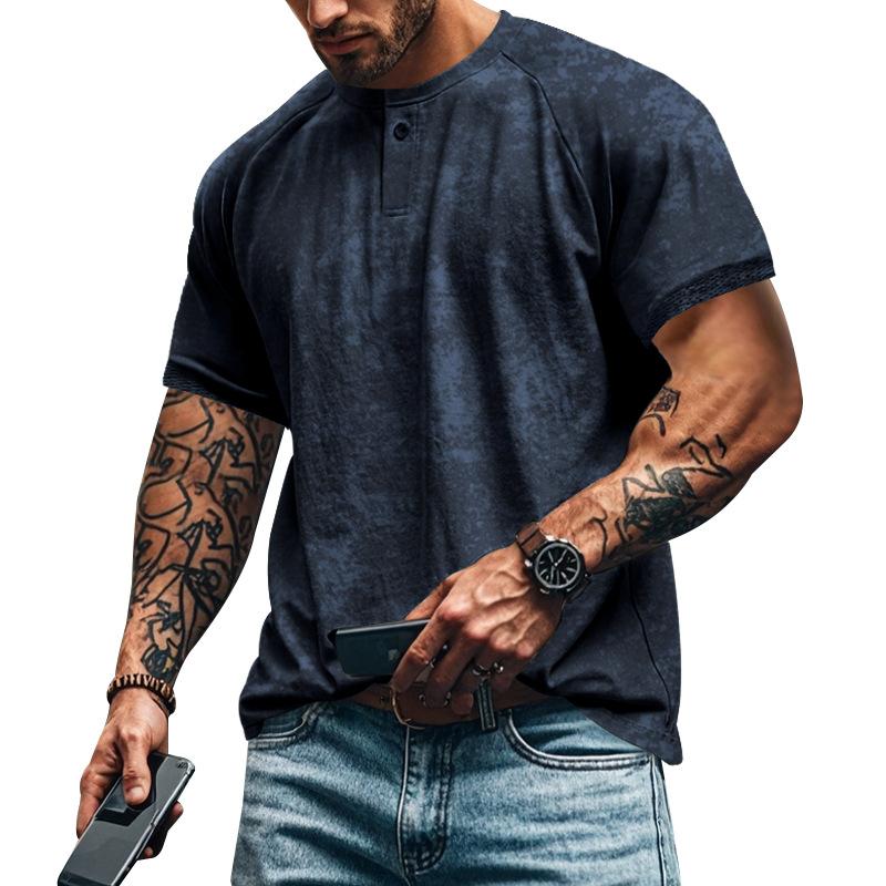 Retro Vintage Pánské tričko s krátkým rukávem s límečkem Henry Slim Fit s ramenní vsadkou Americký oversized styl Pánská košile s krátkým rukávem