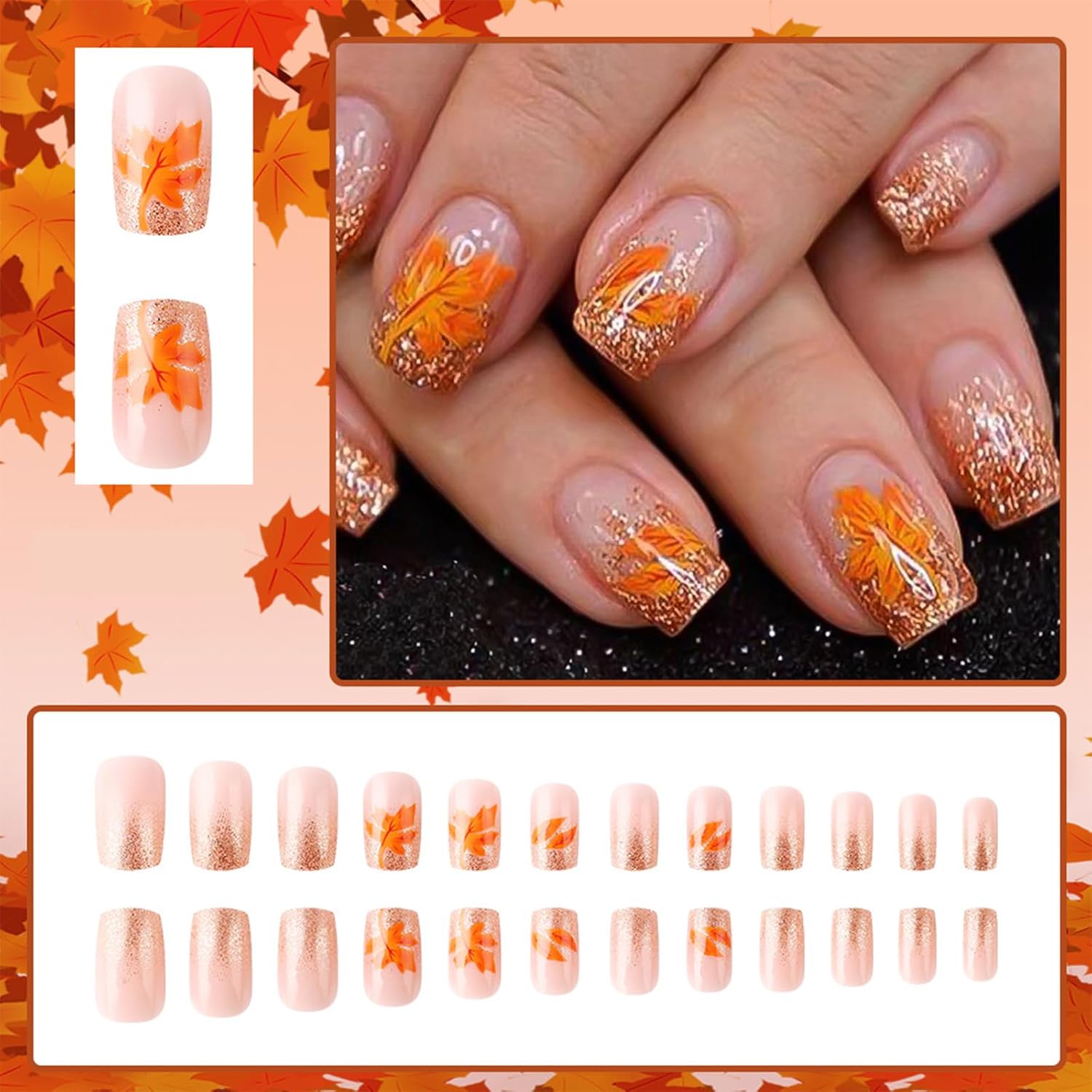 24Pcs Fall Maple Leaf Press on Nails Short Square Fake Nails with Orange Gold Glitter French Tips Design False Nails Artificial Nails Nude Full Cover