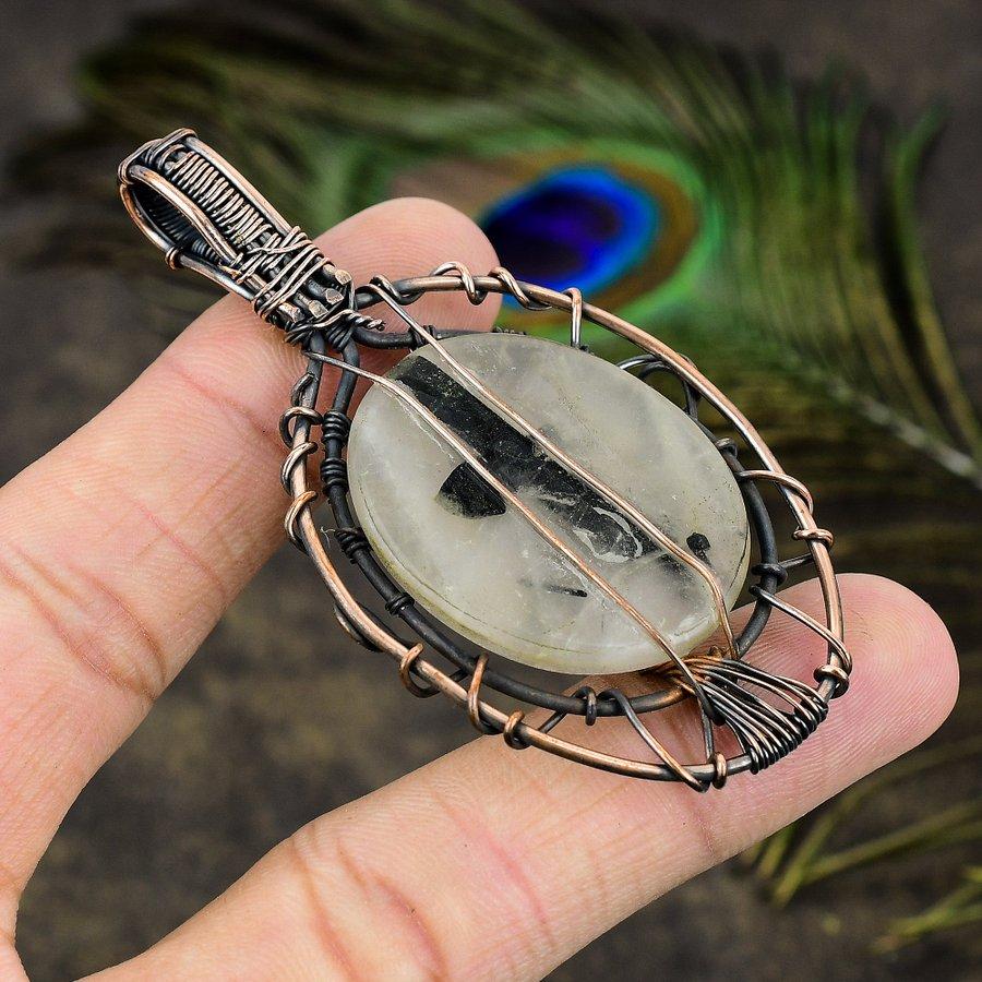 Black Rutile Gemstone Copper Wire Wrap Jewelry Pendant 2.99"