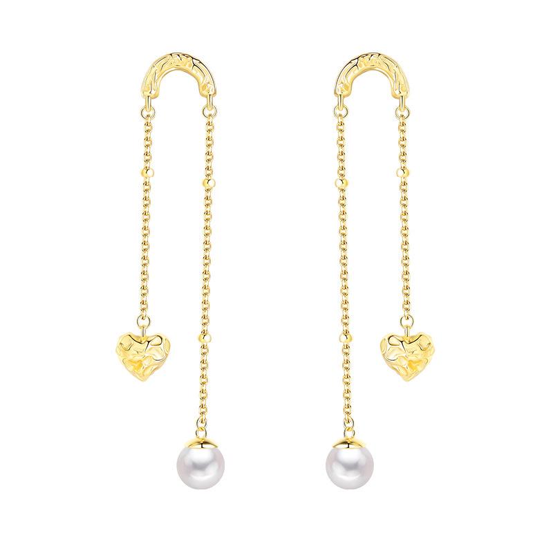 Heart Tassel Freshwater Pearl Stud Earrings - S925 Sterling Silver S925 Silver
