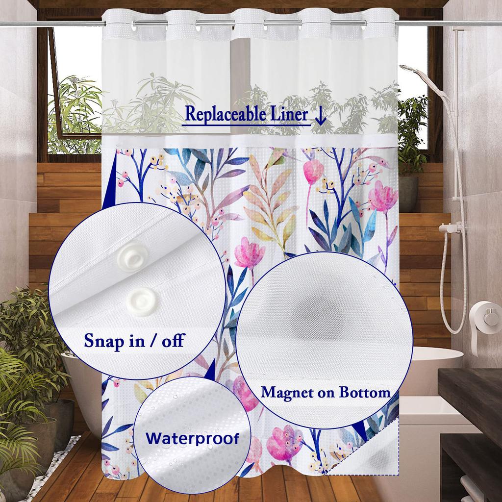 No Hook  Floral Pattern Shower Curtain With Snap-in Fabric Liner, Sheer Top Window, Waterproof Double Layer Bathtub Curtain