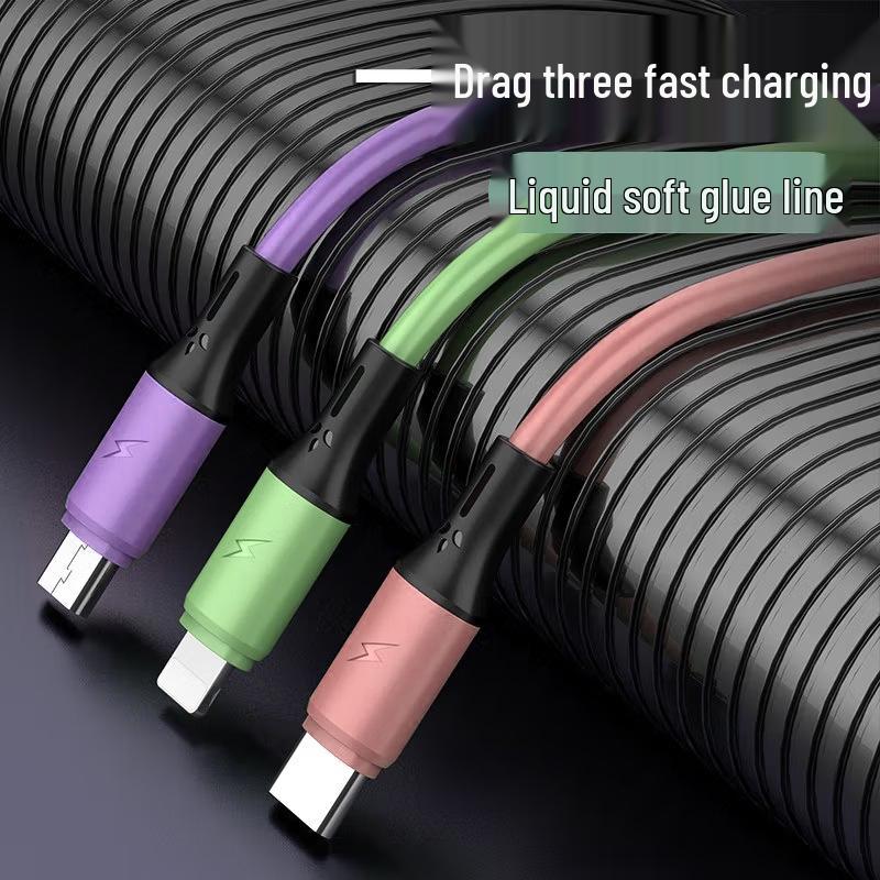 Thickened 3-in-1 Liquid Silicone Charging Cable, Ultra-Long 3A One-to-Three Data Cable