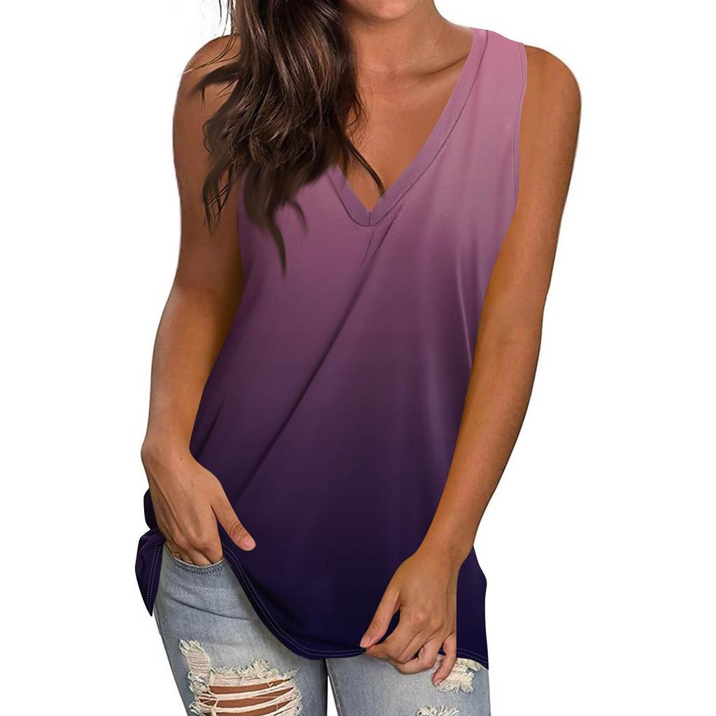 Women's Casual Fashion V-Neck Sleeveless Pullover Top Printed Vest T-Shirt