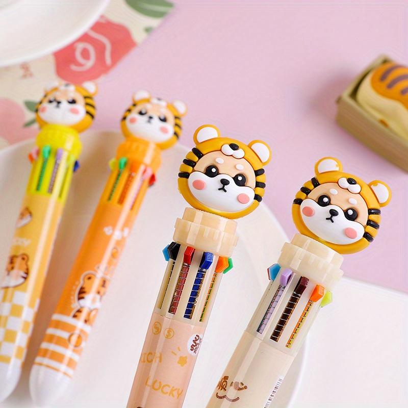 10pcs 0.5mm Cute Little Tiger Ten-color Ballpoint Pen Hand Account Marker Pen 10 Color Cartoon Head Press Ballpoint Pen Graffiti Pen