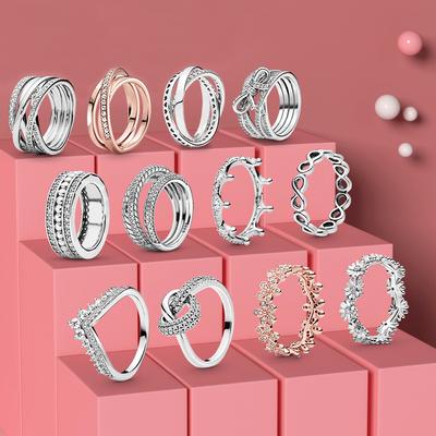 Mode 925 Silber Prinzessin Tiara Krone funkelnde Liebe Herz Ringe für Frauen Schmuck Jahrestag Geschenk