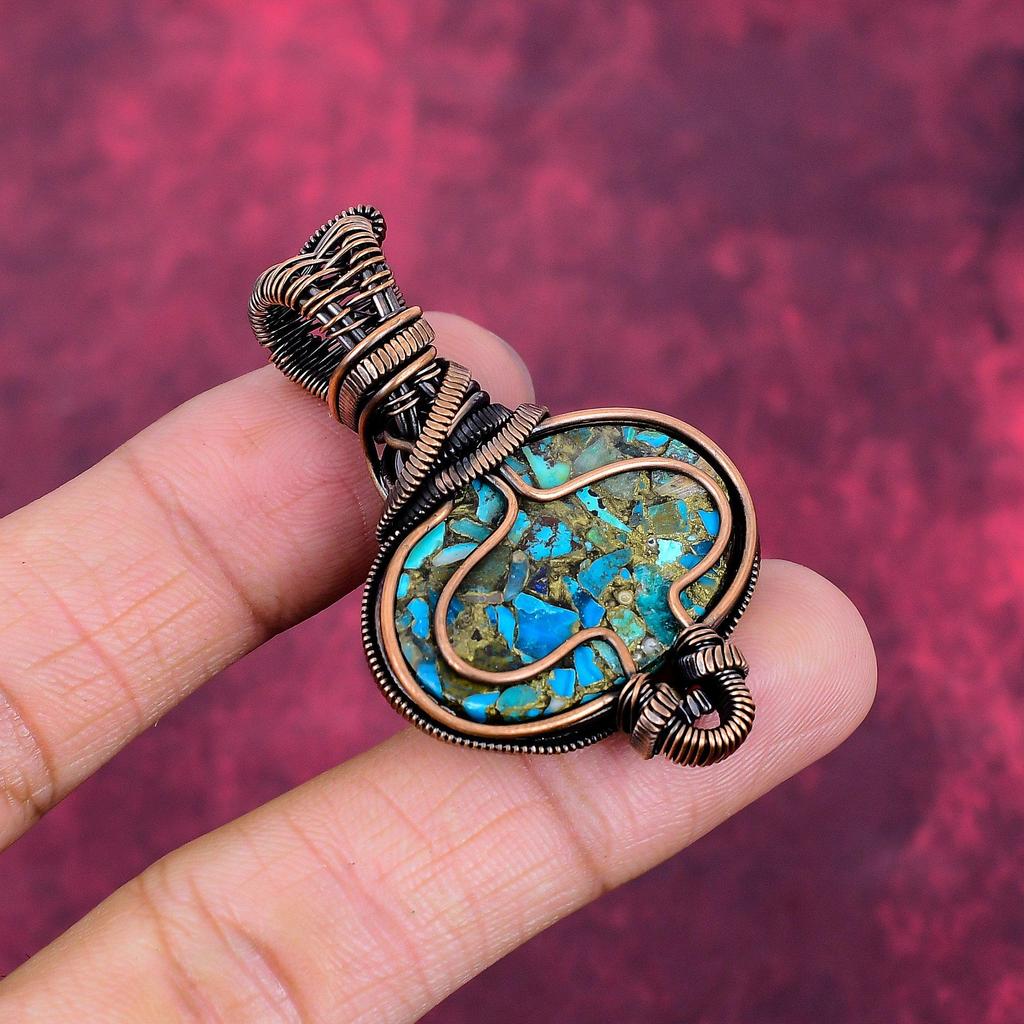 Copper Chrysocolla Pendant Copper Wire Wrapped Pendant Moonstone Gemstone Jewelry