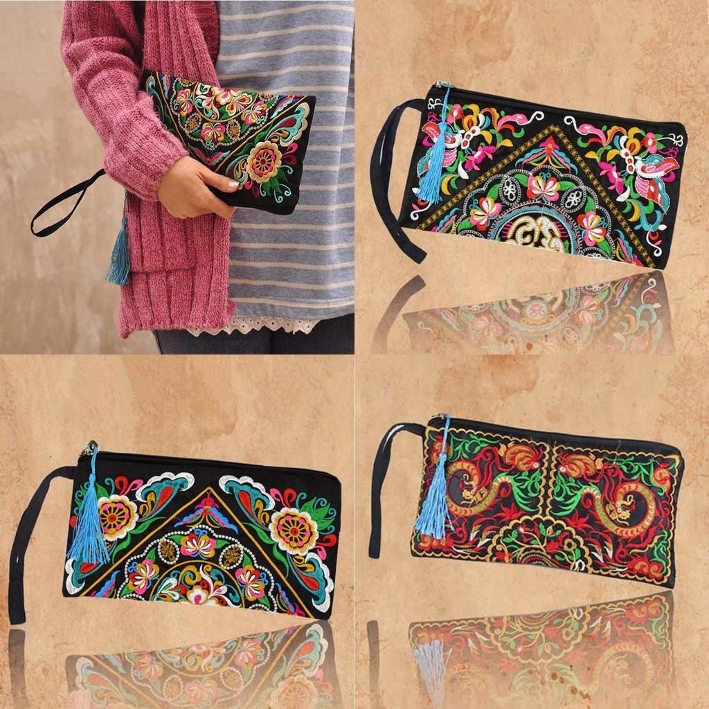 Ethnic Embroidered Long Wallet With Tassel Polyester Fabric Retro Style