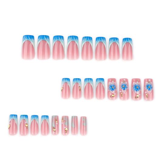 24Pcs Summer Ocean Press on Nails, French Tip Flower Faux Pearl Stick-on Fake Nails, Salon Quality Long Glue on False Nails Long for 24PCS