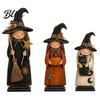 Halloween Tabletop Decoration for Office Wooden Witch Ornament, Retro Figurine with Broom/Pumpkin/Black Vintage Style Statue Shelf Cat, Creative