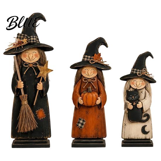 Halloween Tabletop Decoration for Office Wooden Witch Ornament, Retro Figurine with Broom/Pumpkin/Black Vintage Style Statue Shelf Cat, Creative