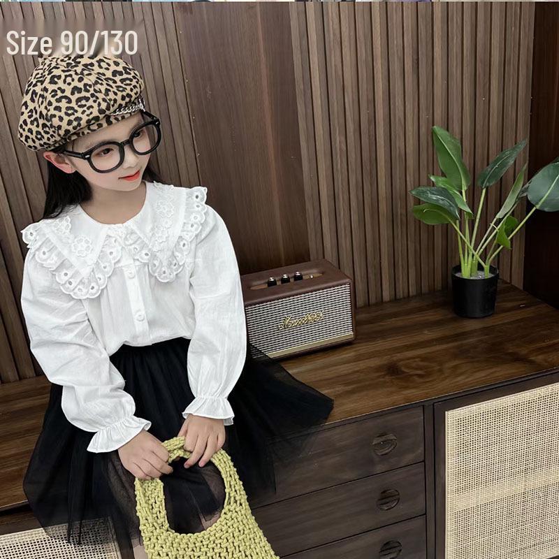 2024 Spring/Autumn Girls' White Cotton Shirt, Turn-Down Collar, Fashionable Student Top