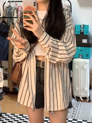Striped shirt jacket women s spring and autumn new Korean design sense niche thin long-sleeved cardigan long-sleeved top M белый