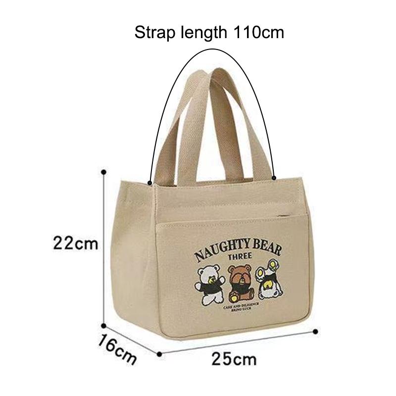 Cartoon Cute Bear Printed Pattern Canvas Tote Food Bag With Adjustable Shoulder Strap Hand Lunch Bag Canvas Bag Bento Bag