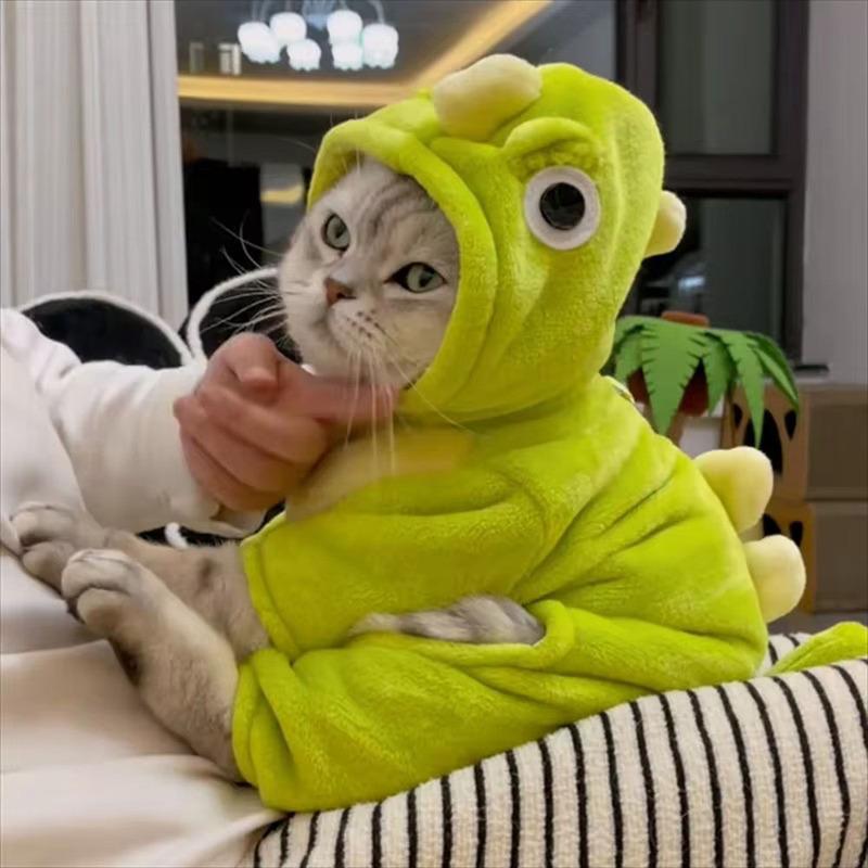 Winter Welpe Hund Katze Kleidung Fleece 4-beiniger Weicher Pullover für Sphynx Katze Dick Warm Kapuzen Dinosaurier Sweatshirt Mantel für Kätzchen