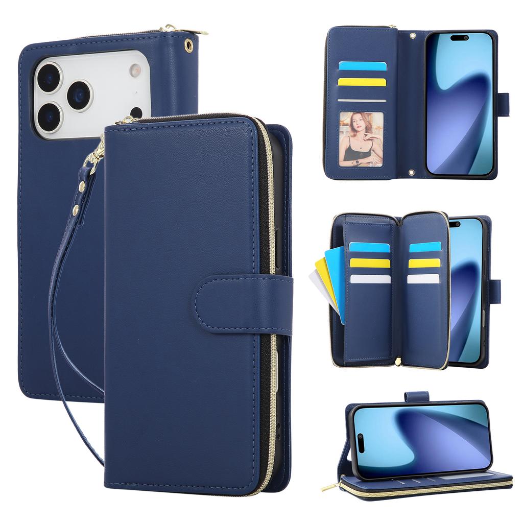 For iPhone 17 Pro Max Case 9 Card Slots Zipper Pocket PU Leather Cover with Wrist Strap