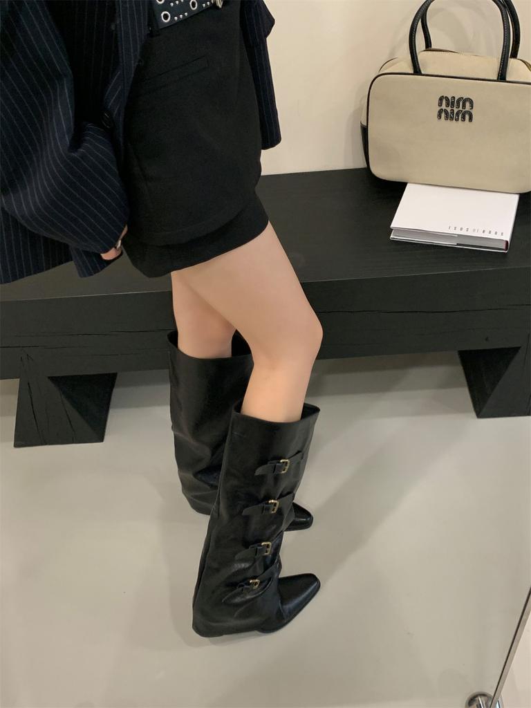 Heel Pants Boots Belt Buckle Boots 2025 Fall/Winter Pointed Western Cowboy Boots Vintage Spice Girl Knight Boots