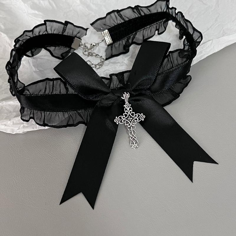 Black White Lace Necklace Ribbon Bow Gothic Cross Pendant Collar For Women Girls Sweet Lolita Jewelry 2026 New Choker