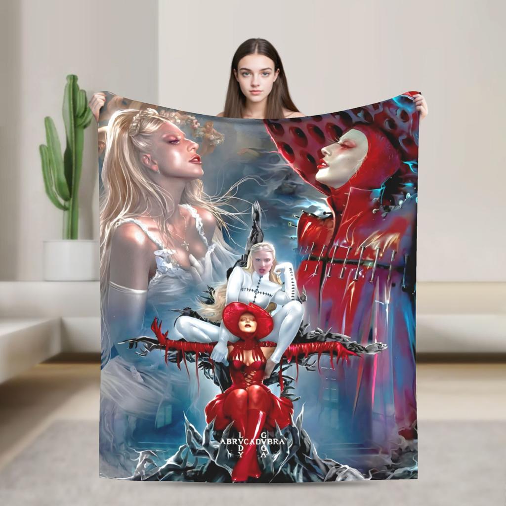 Lady Singer Rock Album Gagas Knitted Fashion Blankets Y2K Tour Flannel Throw Fashion Blanket Rug Piece Ultra-Soft Warm Bedspread Multifuncti