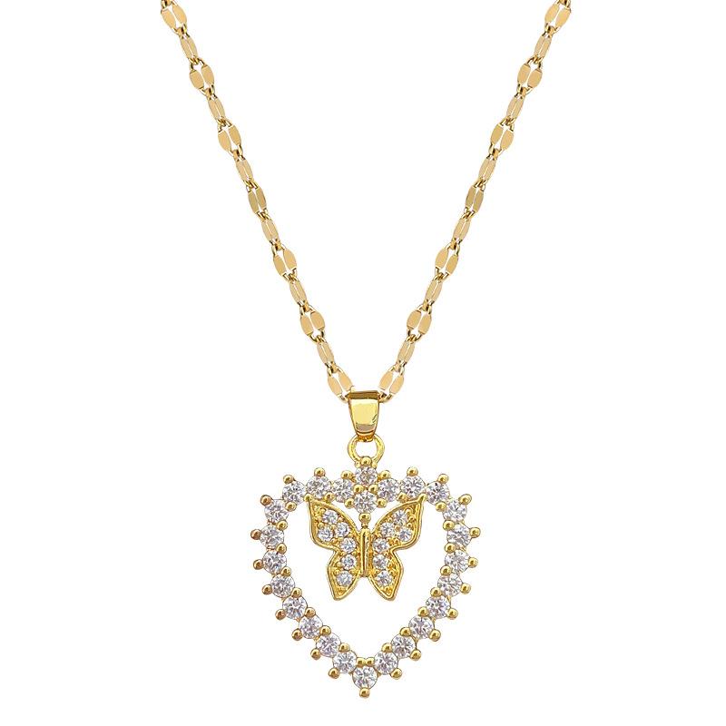 Love Butterfly Full Diamond Light Luxury Temperament Gorgeous Full Diamond Necklace Female Versatile Collarbone Chain Titanium Steel Chain