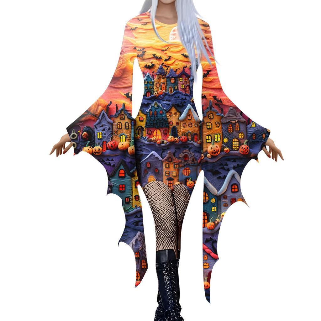 Women Fashion Gothic Punk Bat-Sleeve 3D Cute Halloween Print Irregular Party Dress
