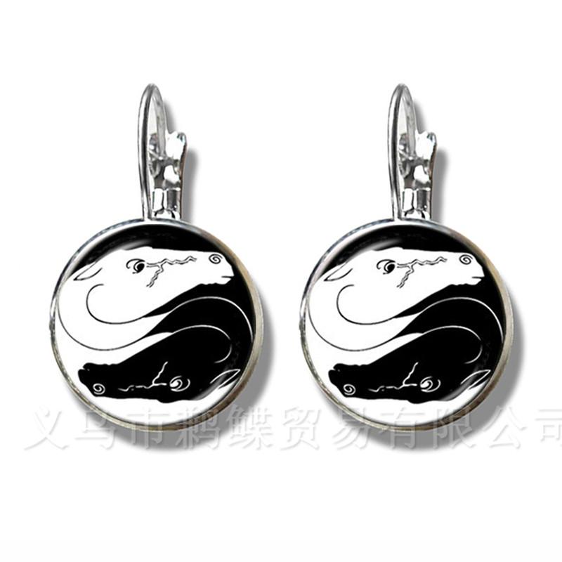 

Two Horses Yin Yang Glass Dome Earrings Symbol Jewelry Natural Rustic Classic Style Symbolizing Harmony Bring Good Luck Jewelry