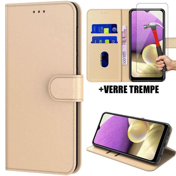 Coque de protection avec verres trempés - BOOLING - pour Samsung Galaxy A32 4G - Doré - Anti-choc - Effet cuir
