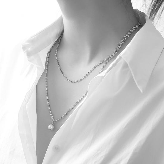 Necklace Simple Wear-resistant Women Double Layer Faux Pearl Pendant Chain for Party