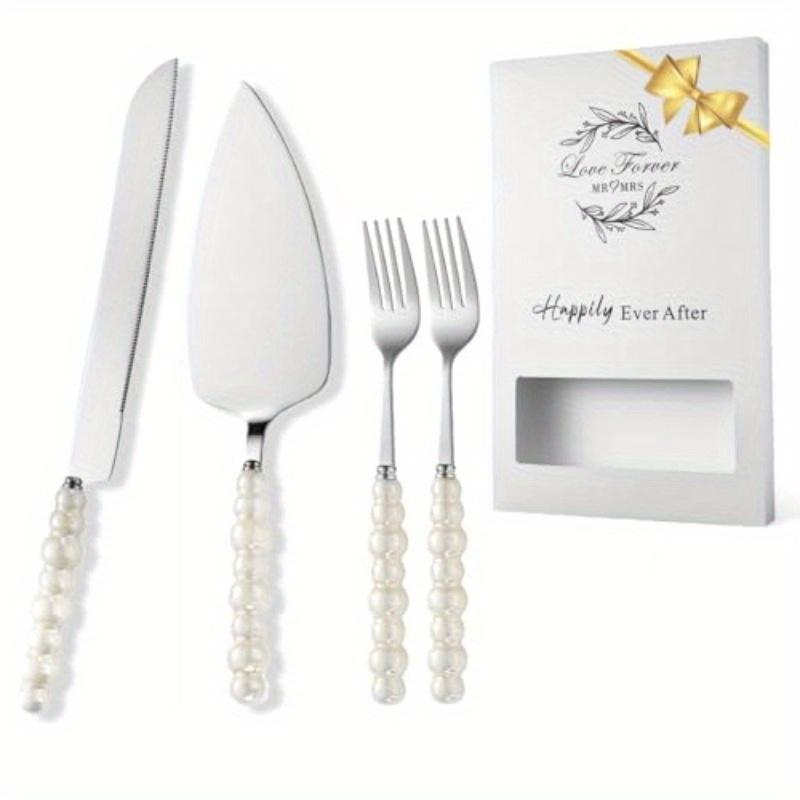 4pcs Elegant Wedding Cake Knife and Server Set with Pearl Ceramic Handles - Stainless Steel, Perfect for Cakes, Pies, and Special Occasions
