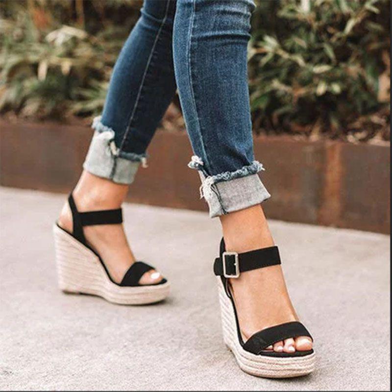 Elegant Summer Hemp Ladies Peep Toe Rope Wedge Sandals With Buckle Ankle Strap