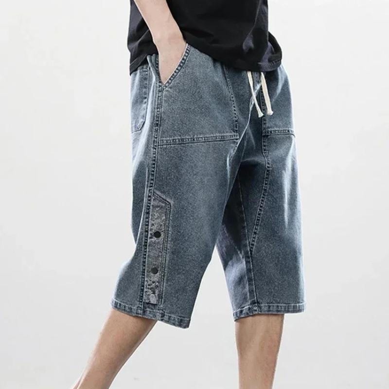 8XL Summer Men's Jeans Denim Breeches Calf-Length Casual Shorts Washed Cotton Drawstring Straight Capris Pants Big Size