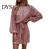 Solid Sequin Dress for Women Sequined Lace Up O-neck Long Sleeve Short Color Center of Attention Spring Autumn with Waist Tie Parties Weddings