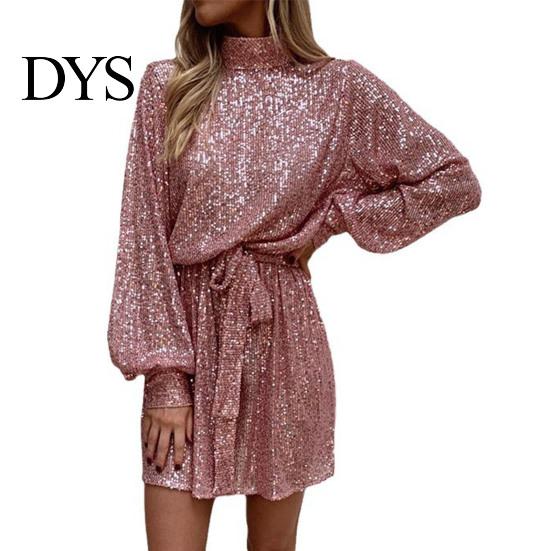 Solid Sequin Dress for Women Sequined Lace Up O-neck Long Sleeve Short Color Center of Attention Spring Autumn with Waist Tie Parties Weddings