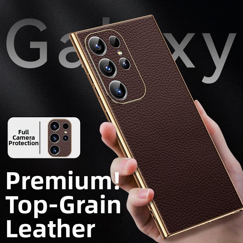 

Натуральна шкіра з текстурою лічі Чохол для телефону для Samsung Galaxy S26 S22 S23 S25 Ultra S24 Plus S26+ Гальванізоване м яке покриття S0035 Galaxy S25 Ultra коричневий