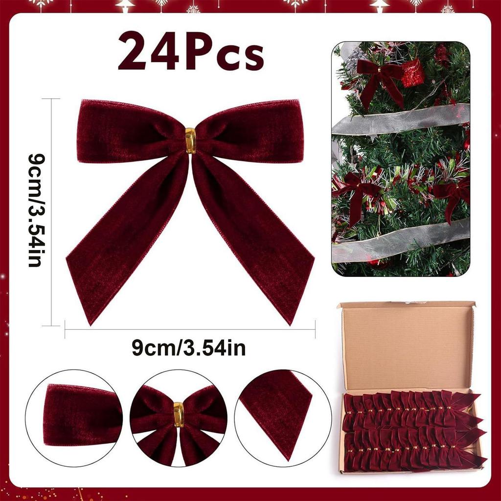24 Pieces Christmas Tree Velvet Bows Wine Red Christmas Bow Vintage Ornaments Suitable For Flower Garlands Gift Packaging Crafts