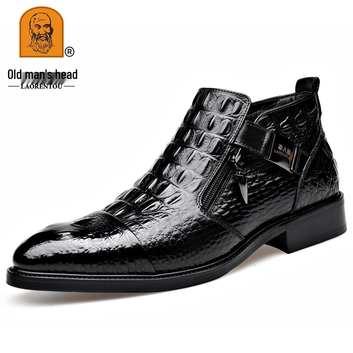 Laorentou Men s Leather Crocodile Pattern Chelsea Boots, Pointed Toe, Mid-Calf, Plus Velvet. 38