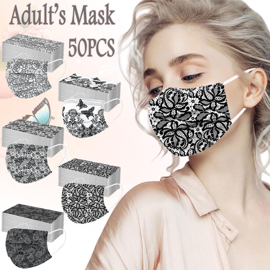 50PCS Adult Lace Mask Disposable Face Mask 3Ply Ear Loop Anti-PM2.5