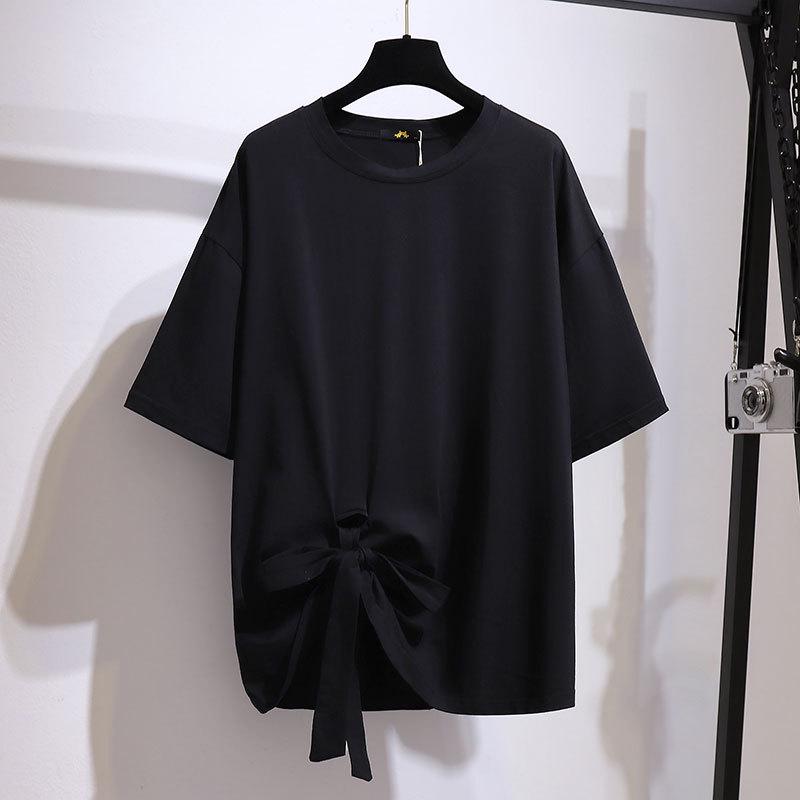 Plus Size Lace-Up Bow T-Shirt for Women - 2024 Summer Slimming Casual Top
