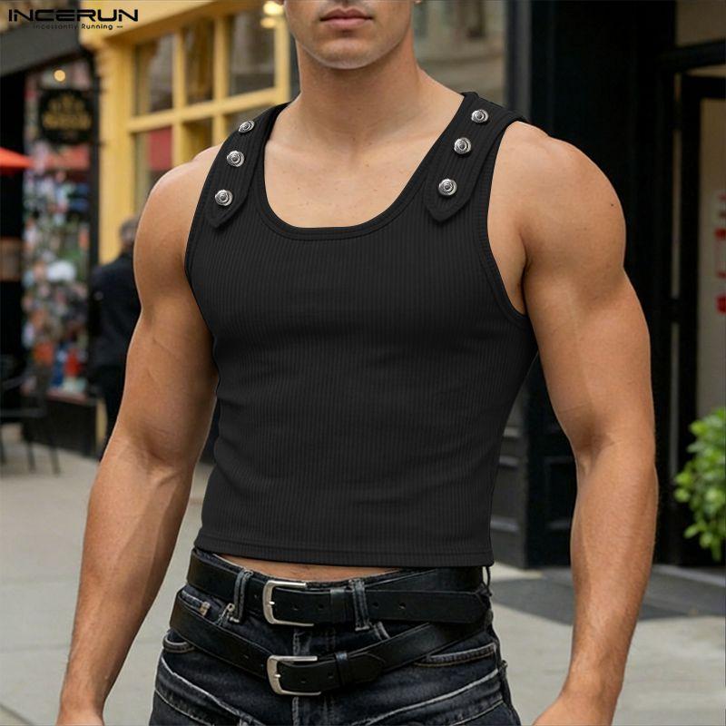 INCERUN Summer Men Sleeveless Strap Decorative Ribbed Casual Tank Tops
