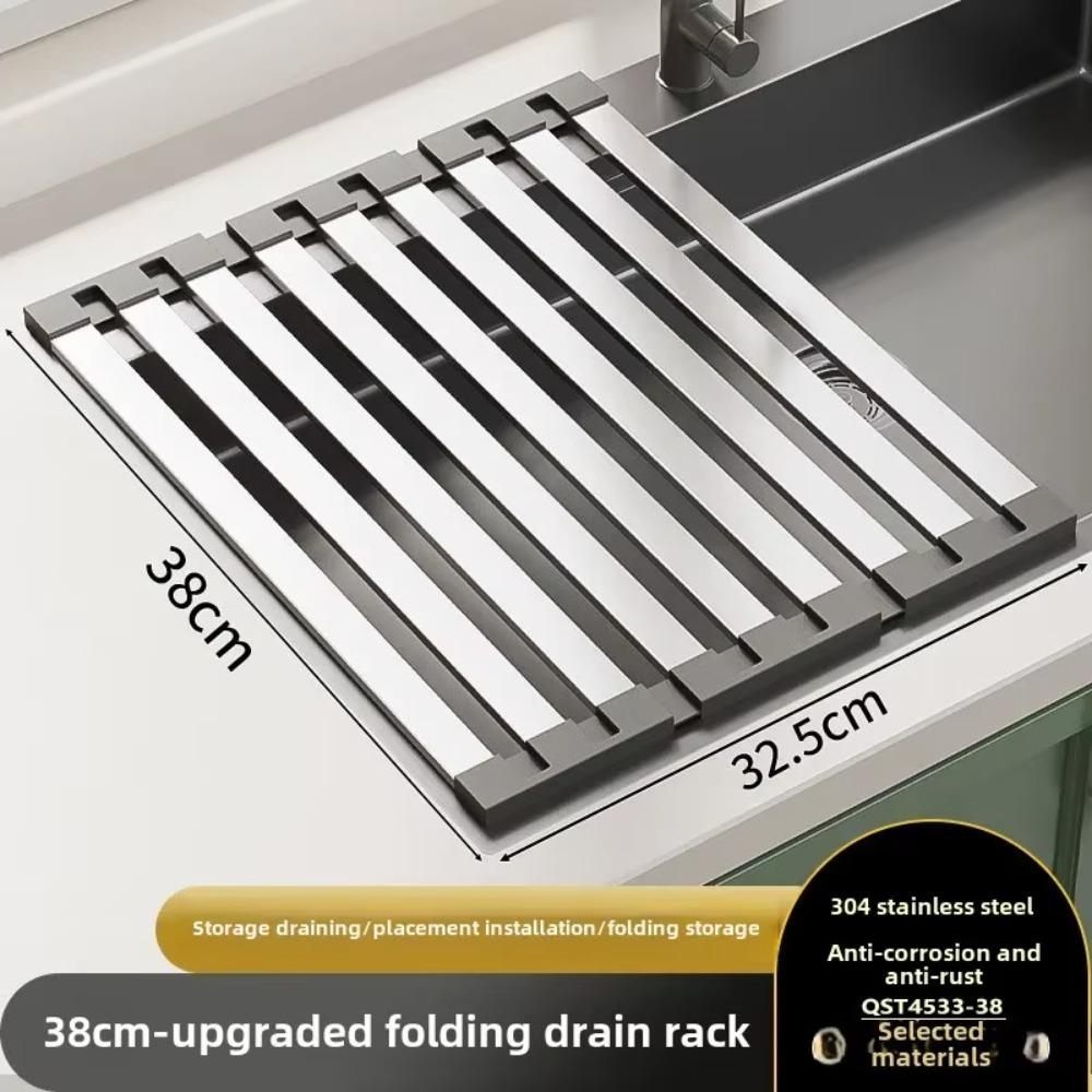 

304 Stainless Steel Dish Storage Rack Roll Up Retractable Drain Basket Sink Drying Rack Kitchen 38cm