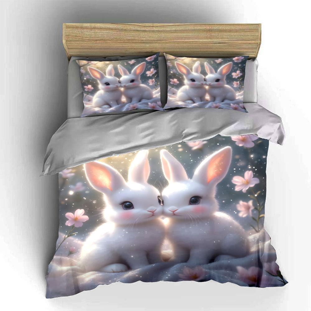 3Pcs Two Cute White Rabbit And Flowers Duvet Cover Set With 3D Printing Design Soft Polyester Bedding Set All-Season Comfort