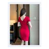 Sexy solid color dress slim split hip skirt deep neck low cut backless bar skirt Spice girls dress women