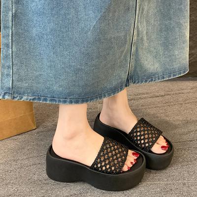 Large Size One-word Cool Slippers Summer New Solid Color Woven Hollow Square Head High Heels Thick-soled Thick-heeled Slippers